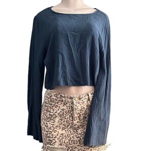 Hudson Gray Steel Blue 100% Cotton Raw Edge Long Bell Sleeve Top Size Large